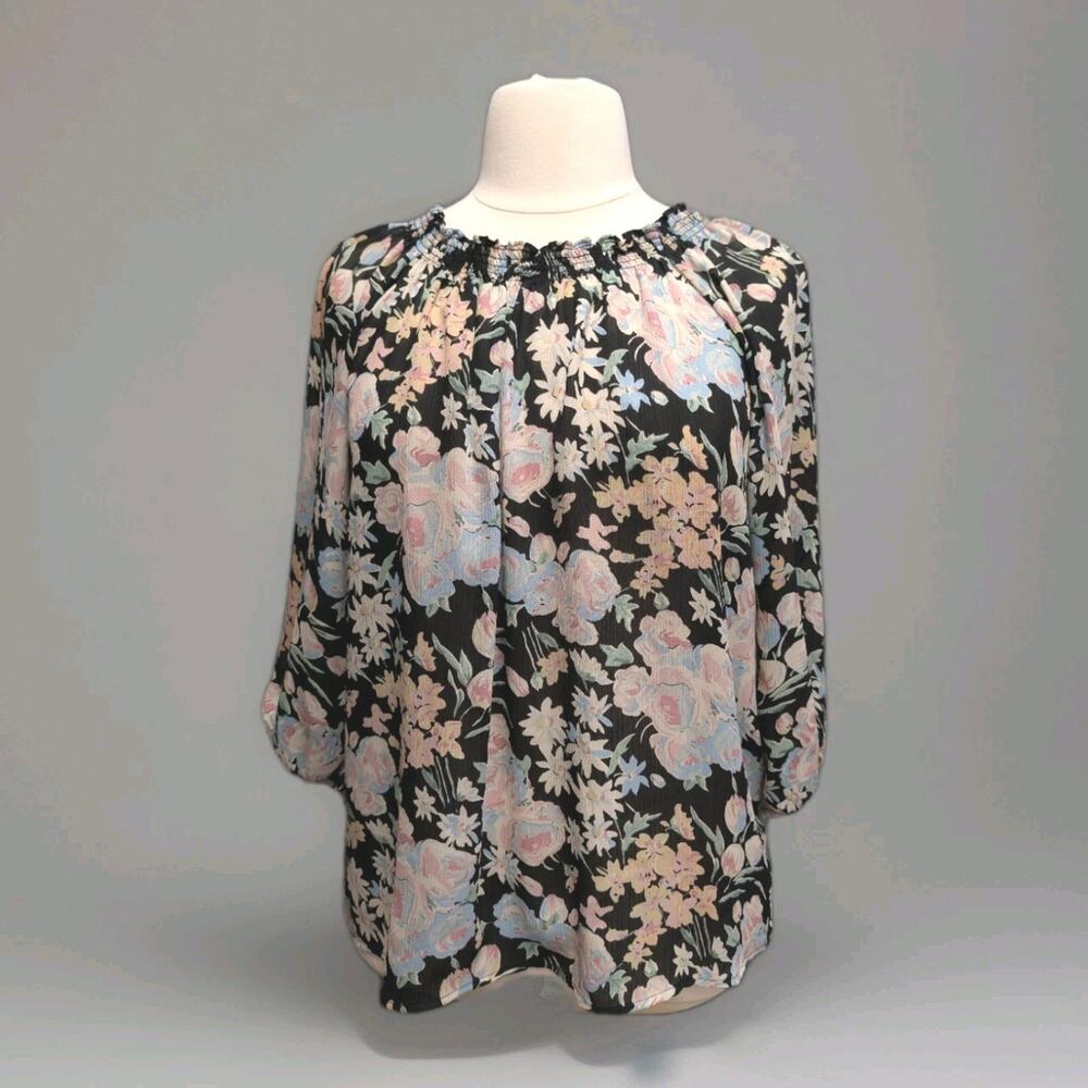 Chaps Black Floral Popover Top Size Large